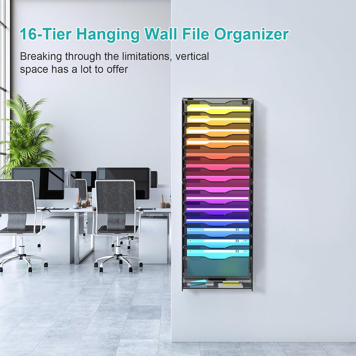 Wall File Organizer, 16-Tier Mesh File Holder, Vertical Document Rack For Home, School, and Office Use (Black)