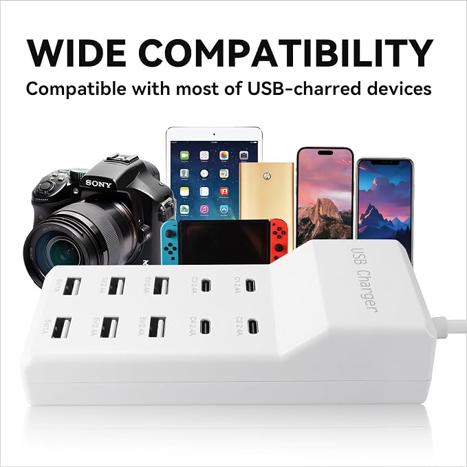 USB Charging Station, 10 Ports Family-Sized USB C Charger Block, USB Power Strip
