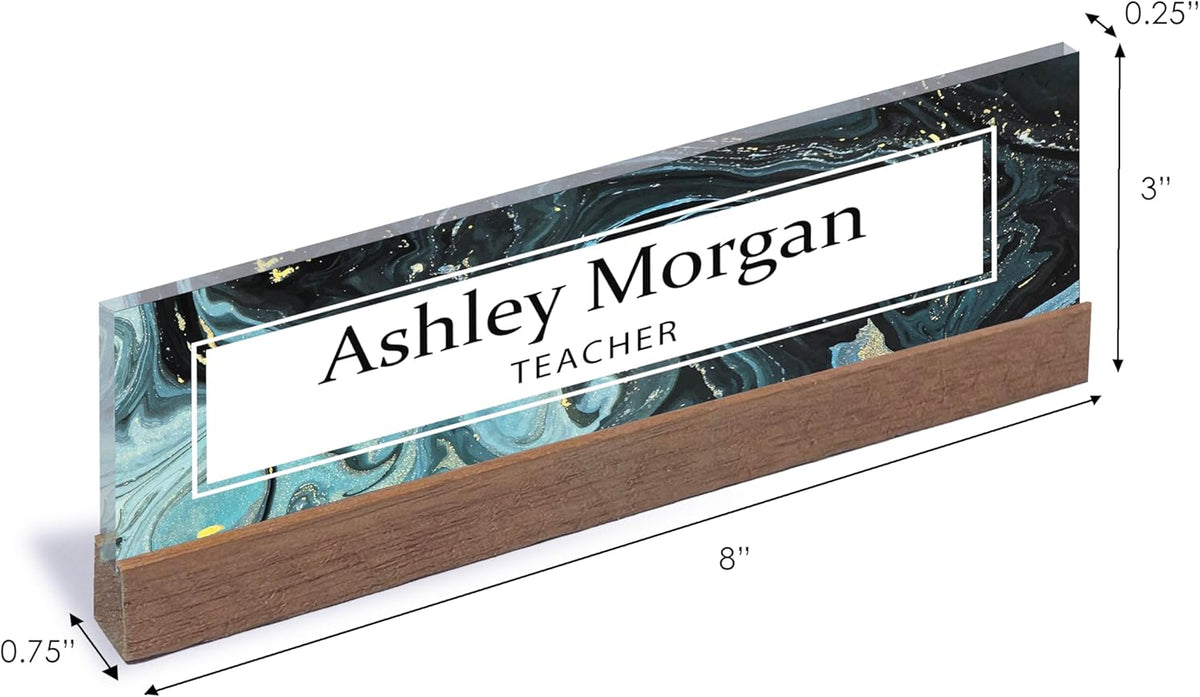 ARTBLOX | Office Personalized Name Plate Green Marble Design On Clear Acrylic Glass for Desk with Business Card Holder