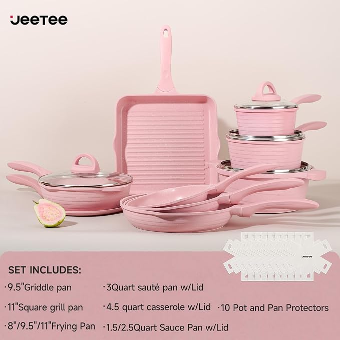 JEETEE Pink Pots and Pans Set Nonstick 23pcs, Healthy Kitchen Cookware Sets