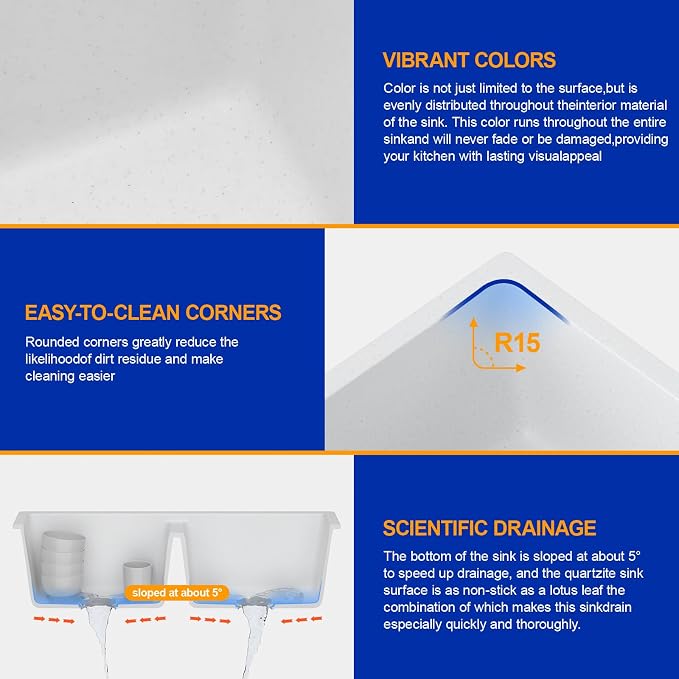 Dcolora 33 Inch Double Bowl Undermount Kitchen Sink White Deep Double Basin