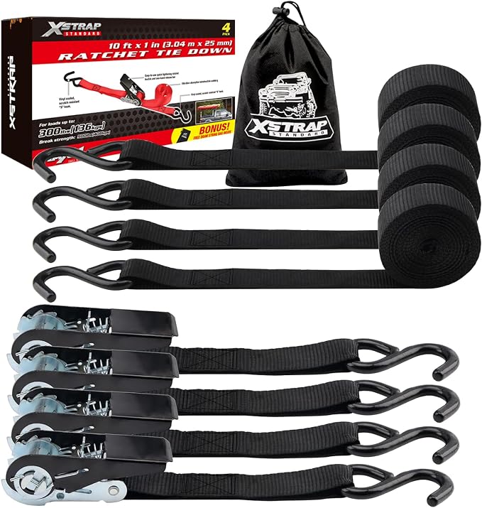 XSTRAP STANDARD Ratchet Tie Down Straps 4 Pk 10 Ft- 300 Lbs Load Cap- 900 Lbs