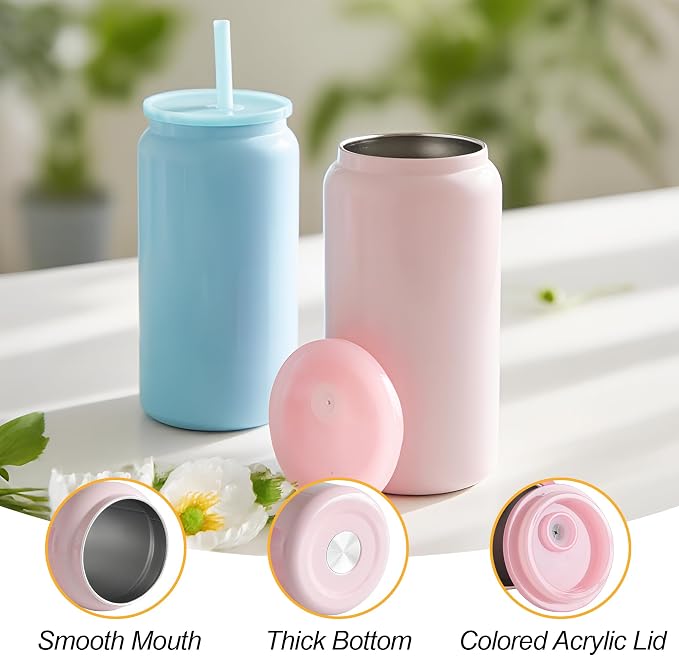 6 Pack Glass Cups with Lids and Straws Unbreakable 16 oz Stainless Steel Can Cup Double Wall Insulated Beer Can Tumbler for Iced Coffee, Juice, Soda, Bright-Colored