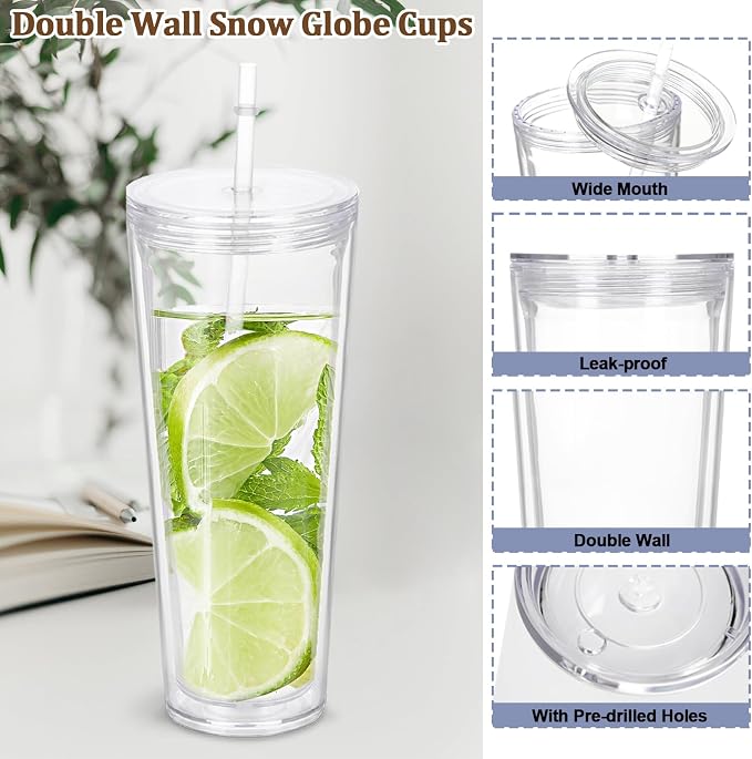 8 Pack 24Oz Snow Globe Tumblers, Double Wall Acrylic Snowglobe Cup with Pre Drilled Hole, Lids, Straws and Plug, Reusable Clear Plastic Tumbler for Snow Globe Glitter DIY