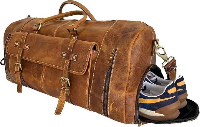KomalC Leather Duffel Bags for Men and Women Full Grain Leather Travel