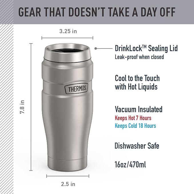 THERMOS Stainless King Vacuum-Insulated Travel Tumbler, 16 Ounce, Matte Steel
