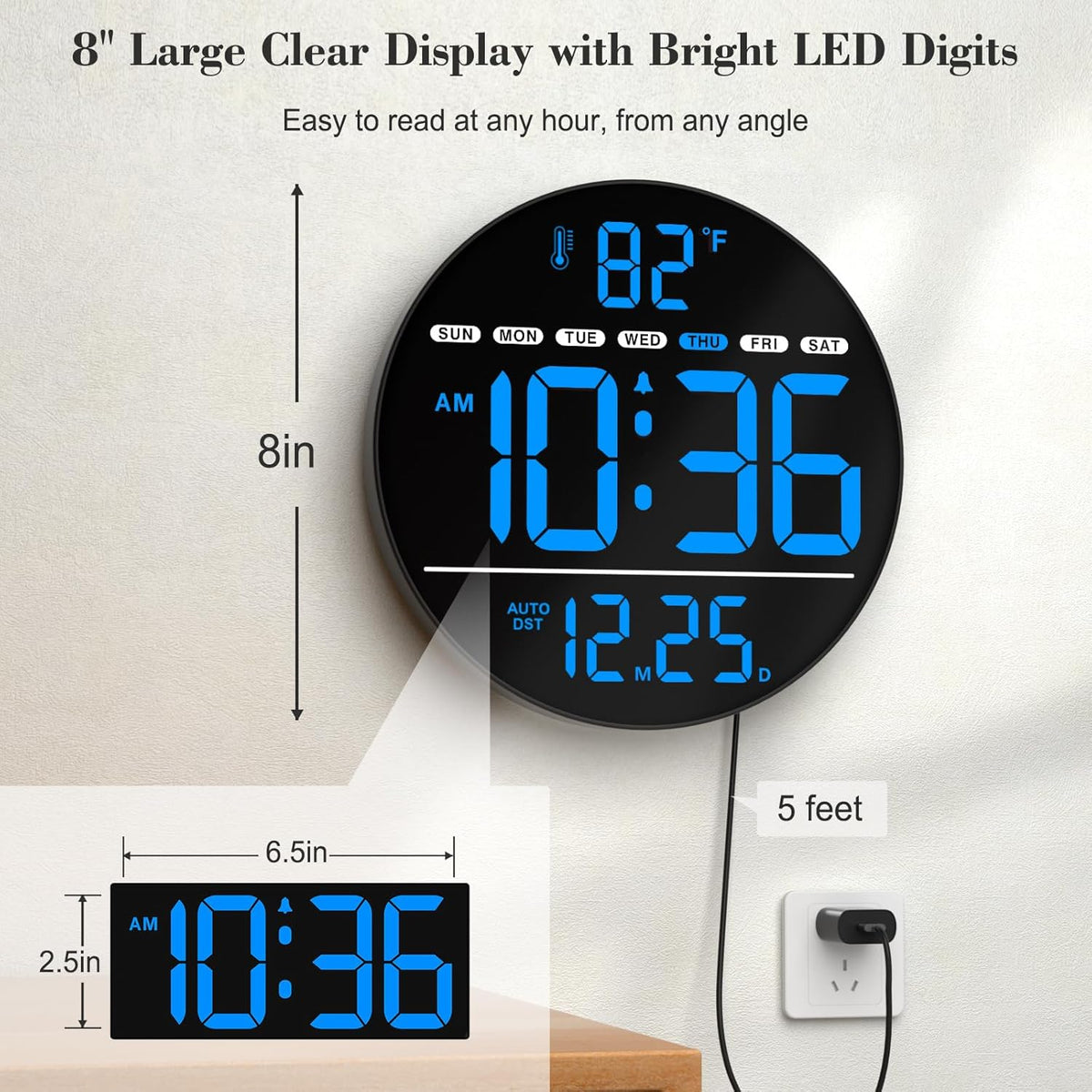 WallarGe Large Digital Wall Clock with LED Display, Electric Wall Clock with Temperature, Auto DST, Date, and Day, 5-Level Brightness for Office, Bedroom, Living Room, Classroom Décor
