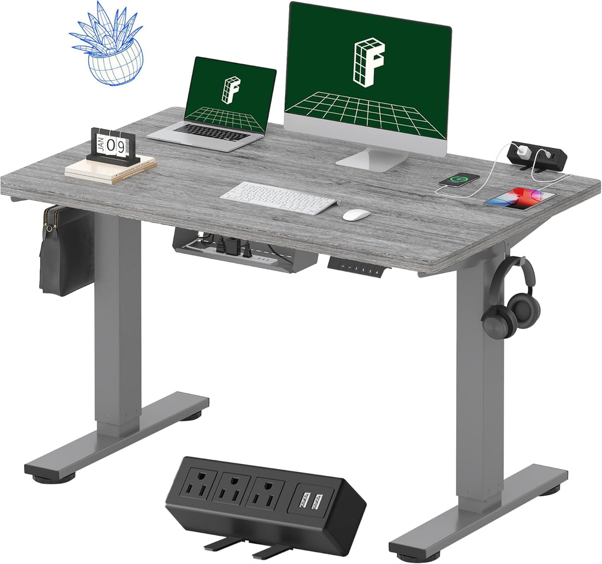 FLEXISPOT EN2 Whole-Piece Standing Desk with Clamp Power Strip, 48 x 30 Electric Stand Up Height Adjustable Desk with Cable Management (Gray Frame + 48" Gray Wood Grain Desktop, 2 Packages)