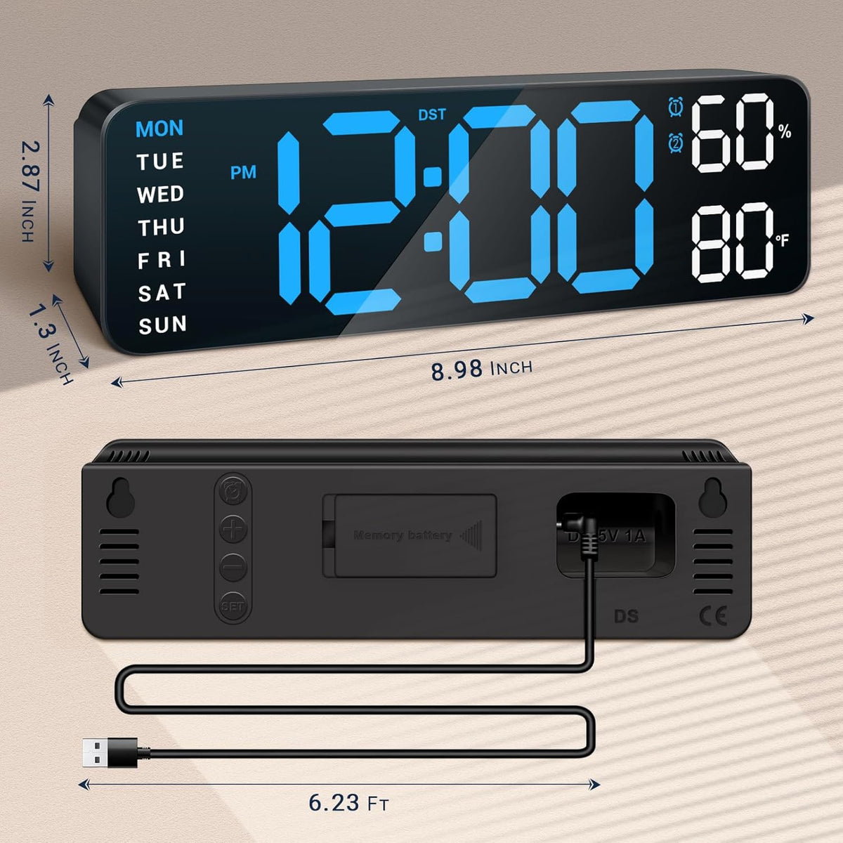 10" Digital Wall Clock: Dual Alarm Wall Mount Decor Clock for Living Room Classroom Office Desk, House Warming Gifts New Home Decor, Gift for Mom Dad Seniors Teen Blue