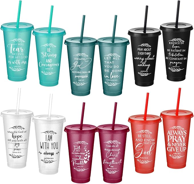 Havawish 12 Pcs Mothers Day Christian Tumbler Gift Bulk Religious Inspirational 24 oz Drinking Jesus Cup with Lid Straw Bible Verse Plastic Cup for Church Father Teacher First Communion (Joyous Color)