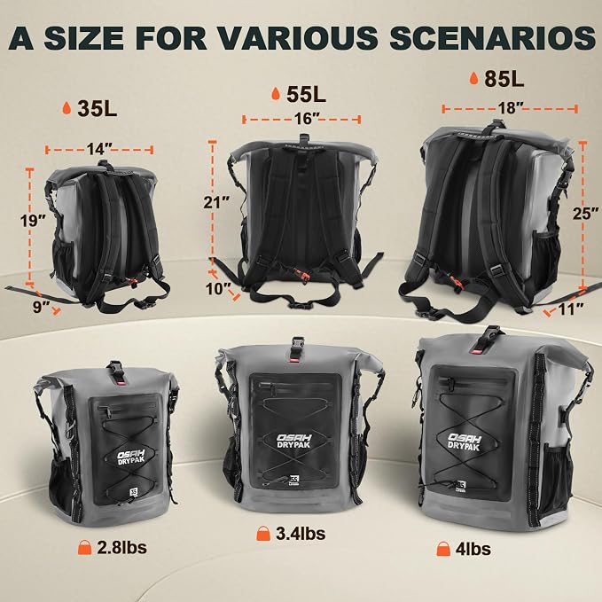 Waterproof Backpack Dry Bag 35L/55L/85L – Heavy Duty Roll-Top Hiking Backpack