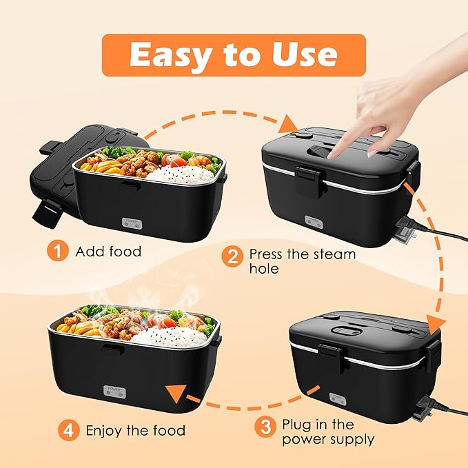 COZYEXPERT Electric-Lunch-Box-Heated-Food-Warmer 100W Heating Lunchbox for Adults 1.8L Portable Food Heater for Work/Car, 12V/24V/110-230V Lonchera Eléctrica Portátil with Fork Spoon (Black)