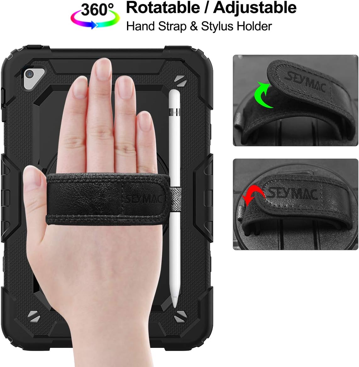 SEYMAC stock Case for iPad mini 5/4 with Screen Protector Pencil Holder [360 Rotating Hand Strap] & Stand, Drop-Proof Case for iPad mini 5th/4th Generation 7.9 inch (Black)