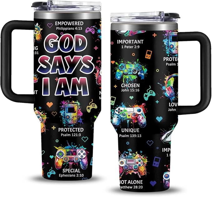 Christian Gamer Gifts, 40 Oz God Says I Am Tumbler With Handle, Christian Gifts for Men/Boys, Inspirational Religious Birthday Gift for Game Lover Bible Verse Cup, Gaming Gift For Gamer Tumbler