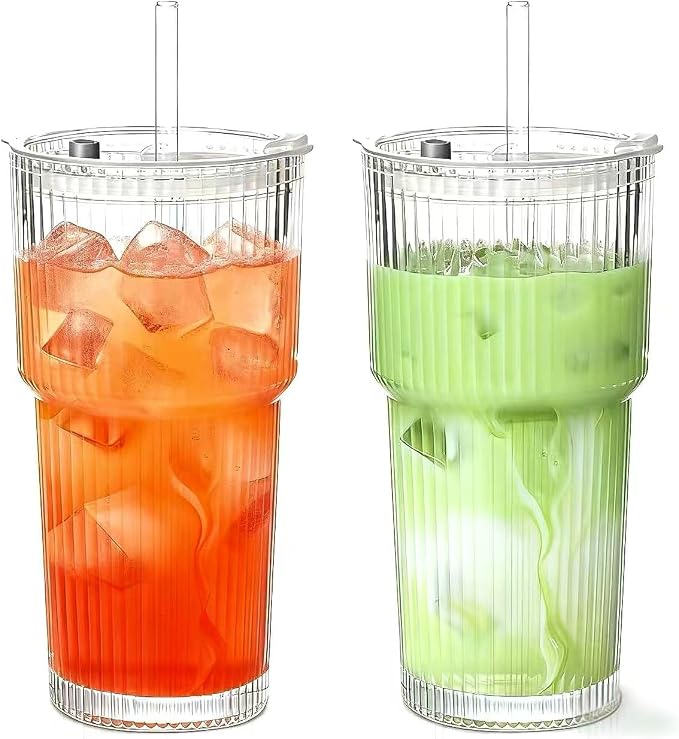 20 oz Glass Tumblers, Iced Coffee Cups with Lids and Glass Straws, Thickened Wall Glass Cups, Ideal for Smoothies, Cocktails, and Juices – Vintage and Durable Drinkware –2 Pack