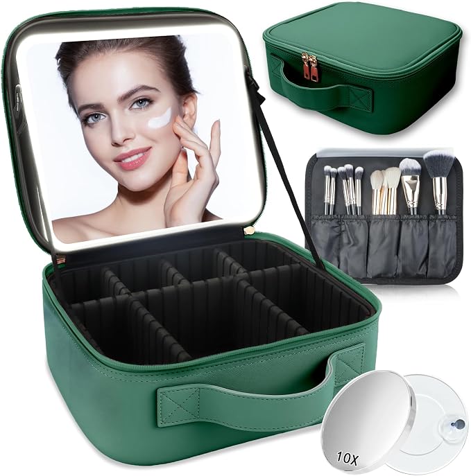Makeup Bag with Led Mirror, Travel Makeup Organizer with 3 Color Setting & 10X