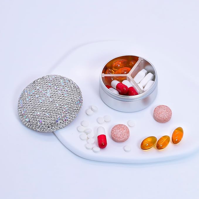 Small Pill Case 3 Compartments, Metal Round Portable Pill Box, Waterproof