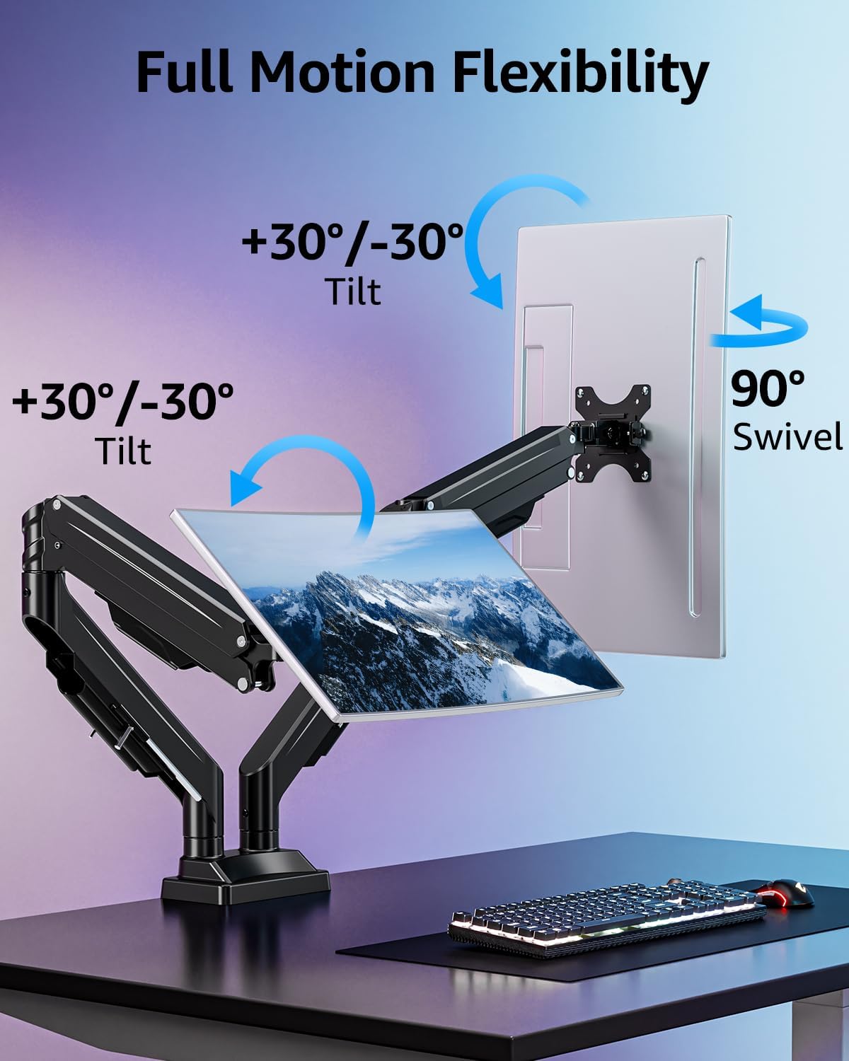 MOUNTUP Dual Monitor Stand for Max 43 inch Screens, Ultrawide Monitor Arm Height Adjustable, Heavy Duty Dual Monitor Mount, Full Motion Premium Gas Spring Arm, Holds 2.2 to 33 lbs, VESA Desk Mount
