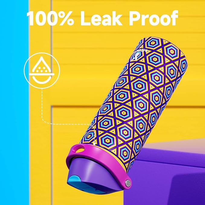 24 oz Insulated Water Bottle for Women: Meoky Stainless Steel Water Bottle with Holder and Shoulder Strap - Leak Proof, Cold for 24 Hours, Protective Silicone Base, BPA-Free for Travel Gym, Neon Beat