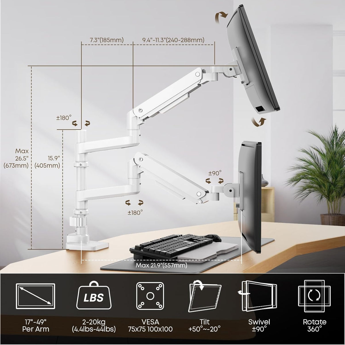 PUTORSEN 17-49”Premium Aluminum Heavy Duty Dual Monitor Arm for Ultrawide Screens up to 44lbs, Vertical Stacked Dual Monitor Desk Mount, Full Motion Dual Vertical Monitor Mount, VESA 75/100, White