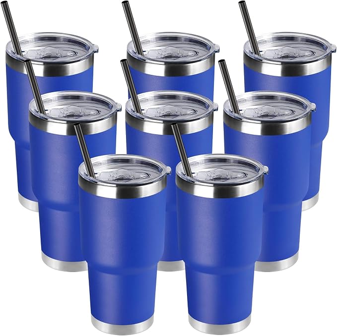 DOMICARE 30oz Tumbler Bulk with Lid and Straw, Double Wall Travel Coffee Mug, Insulated Vacuum Stainless Steel Tumblers, Powder Coated Tumbler Cup (Dark Blue, 8)