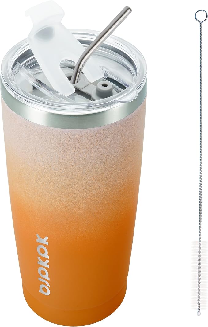 BJPKPK Tumbler with Lid and Straw, 20 oz Stainless Steel Vacuum Insulated Color Block Tumblers, Double Wall Ice Coffee Thermal Cup Travel Mug,Coral