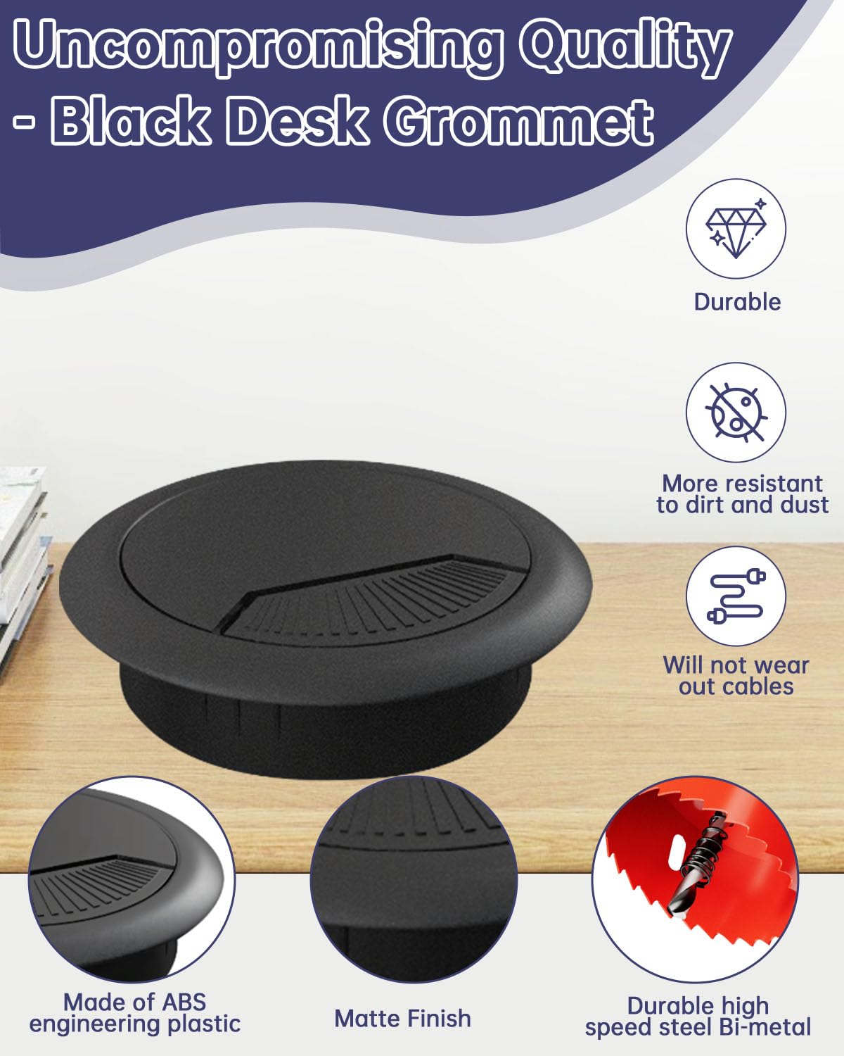 Desk Grommet 3-1/8 inch (80mm) - 8 Pack Black Cable Grommet & Desk Hole Cover with Hole Saw for Cables, Cord Management for Office, TV, and Home Table
