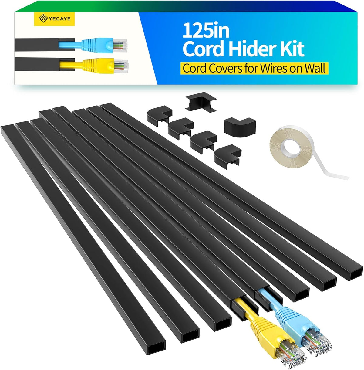 Yecaye 125in Black Cord Hider, One-Cord Channel Cord Cover on Wall, Cable Management Kit, Wire Covers for Cords, Cable Raceway, W0.59in H0.4in, Black