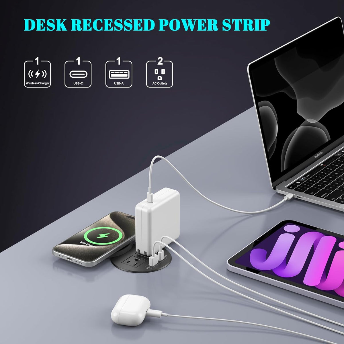 XBA PD 20W USB C Desk Power Grommet with 15W Wireless Charger Cover, Recessed Power Strip with 18W USB A and 2 AC Outlets,Hidden Power Outlets with 6FT Cords for Office, Home, Conference(Black)