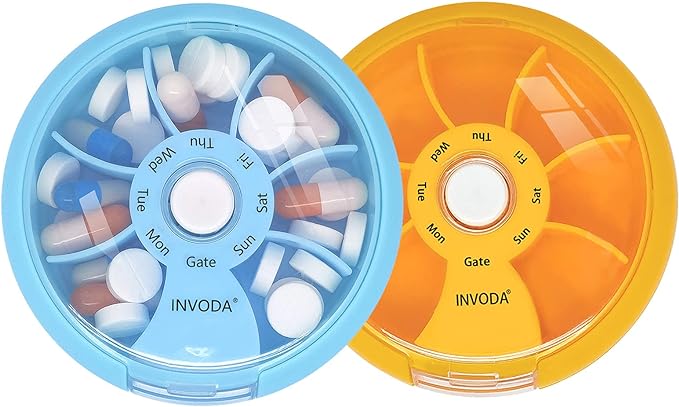 INVODA Weekly Pill Organizer 7 Compartment Rotating Pill Box