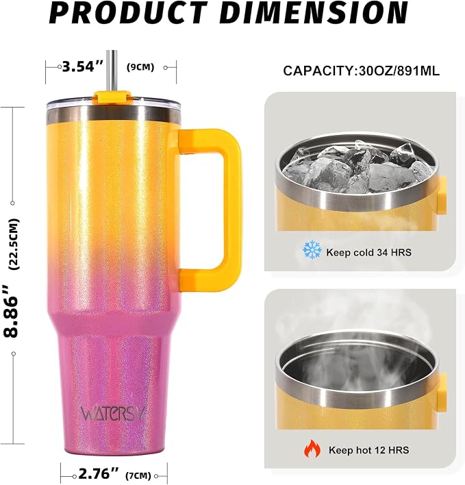 30 oz Shiny Tumbler with Handle and Straw,Stainless Steel Tumbler with Lid and Straw,Insulated Travel Mug(Cold for 34 Hours),Water Bottle for Iced Tea,Coffee (Yellow)