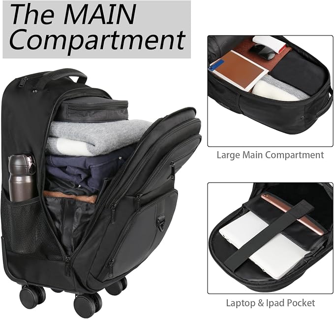 MATEIN Rolling Backpack with 4 Wheels, 17 inch Roller Travel Laptop Backpack