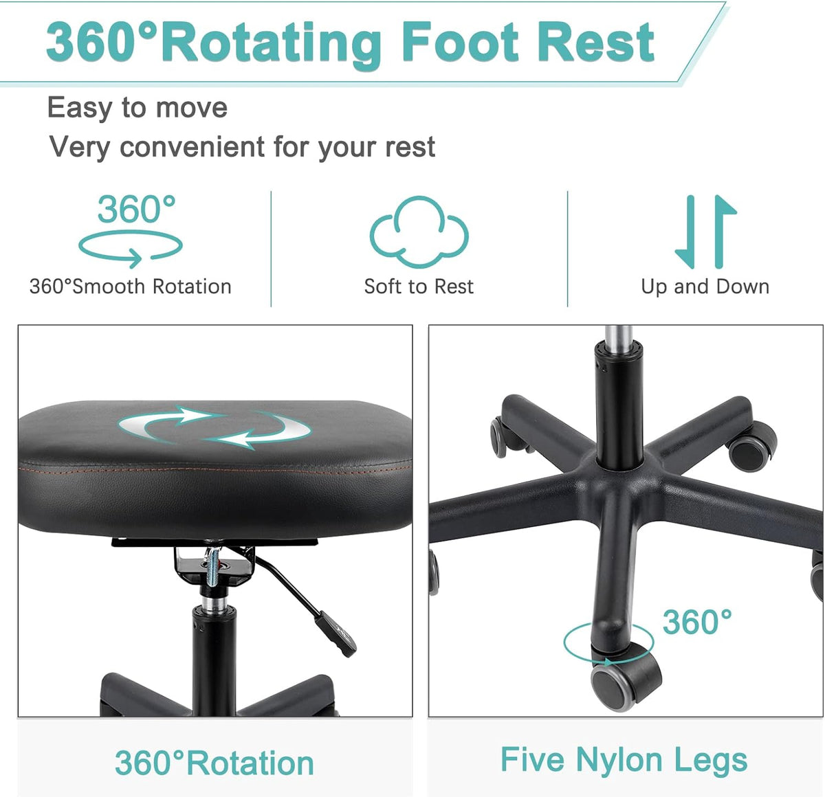 Footrest Stool Under Desk Adjustable Height and Tilt Angle Footrest Ottoman Ergonomic Foot Stool with Wheels 360° Rolling for Home Office (New Black)