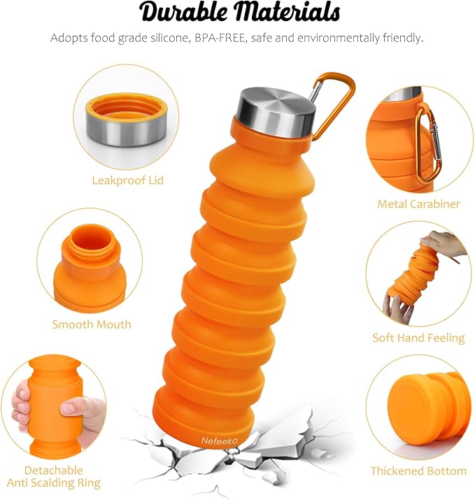 Nefeeko Collapsible Water Bottle, Reuseable BPA Free Silicone Foldable Water