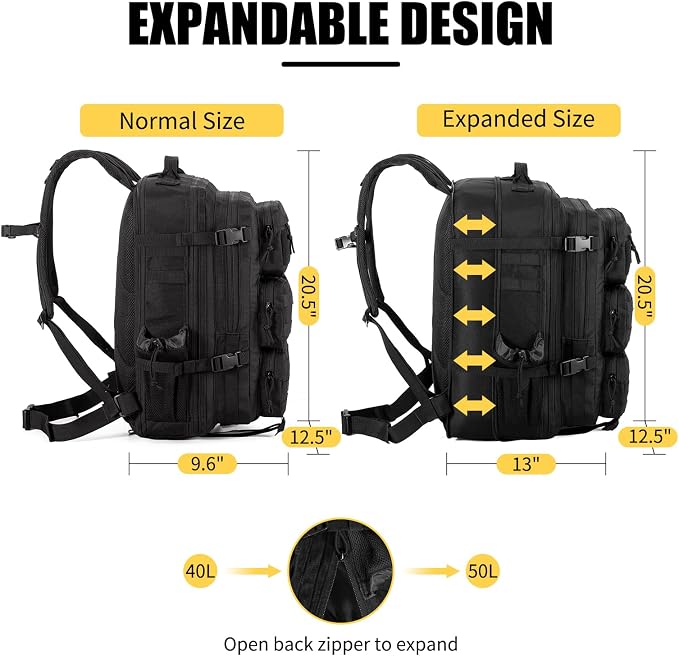 Tactical Backpack for Men, 40/50L Expandable Military Backpack, Waterproof