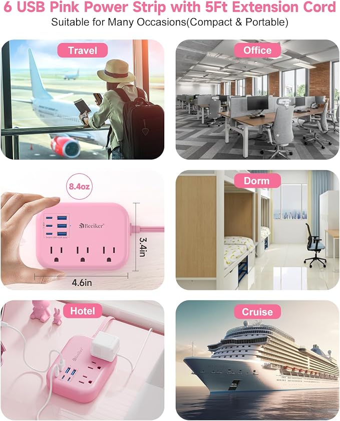 6 USB Pink Power Strip- 5Ft Pink Extension Cord