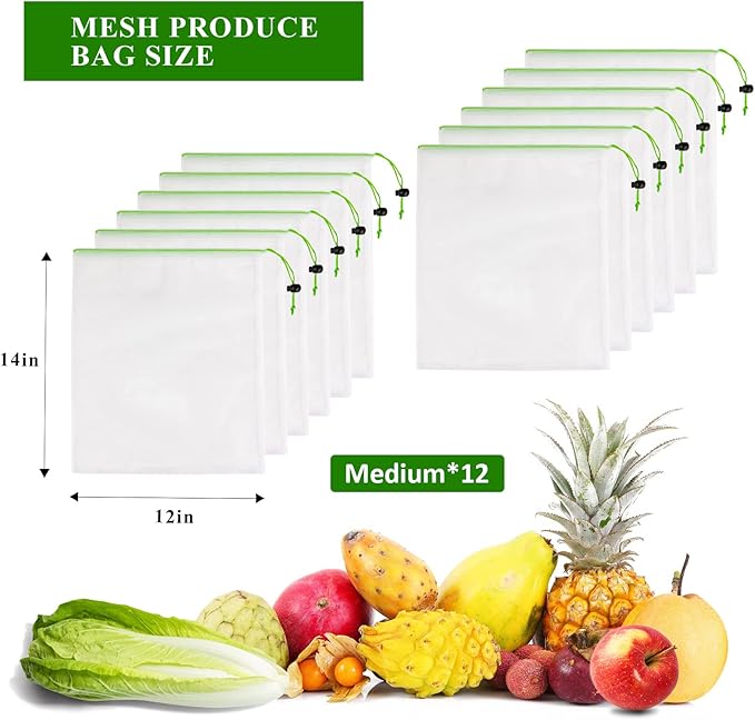 Set of 12 Reusable Mesh Produce Bags - Medium (12"x14") - Green - Polyester - Washable - Drawstring Closure