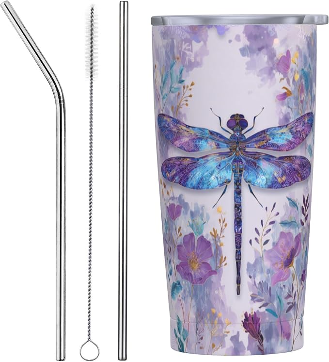 Dragonfly Tumbler with Lid and Straw 20oz Vacuum Insulated Coffee Cup Stainless Steel Tumblers Leakproof Travel Mug Present for Women Men