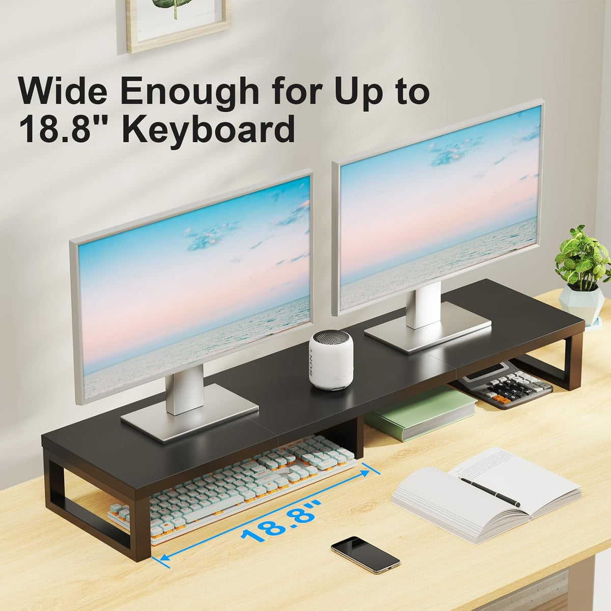 Zimilar Dual Monitor Stand Riser, Large Monitor Stand for Desk, Wood Monitor Riser with Storage Organizer for Home Office, Monitor Stands for 2 Monitors, Desktop Wooden Monitor Riser for Computer