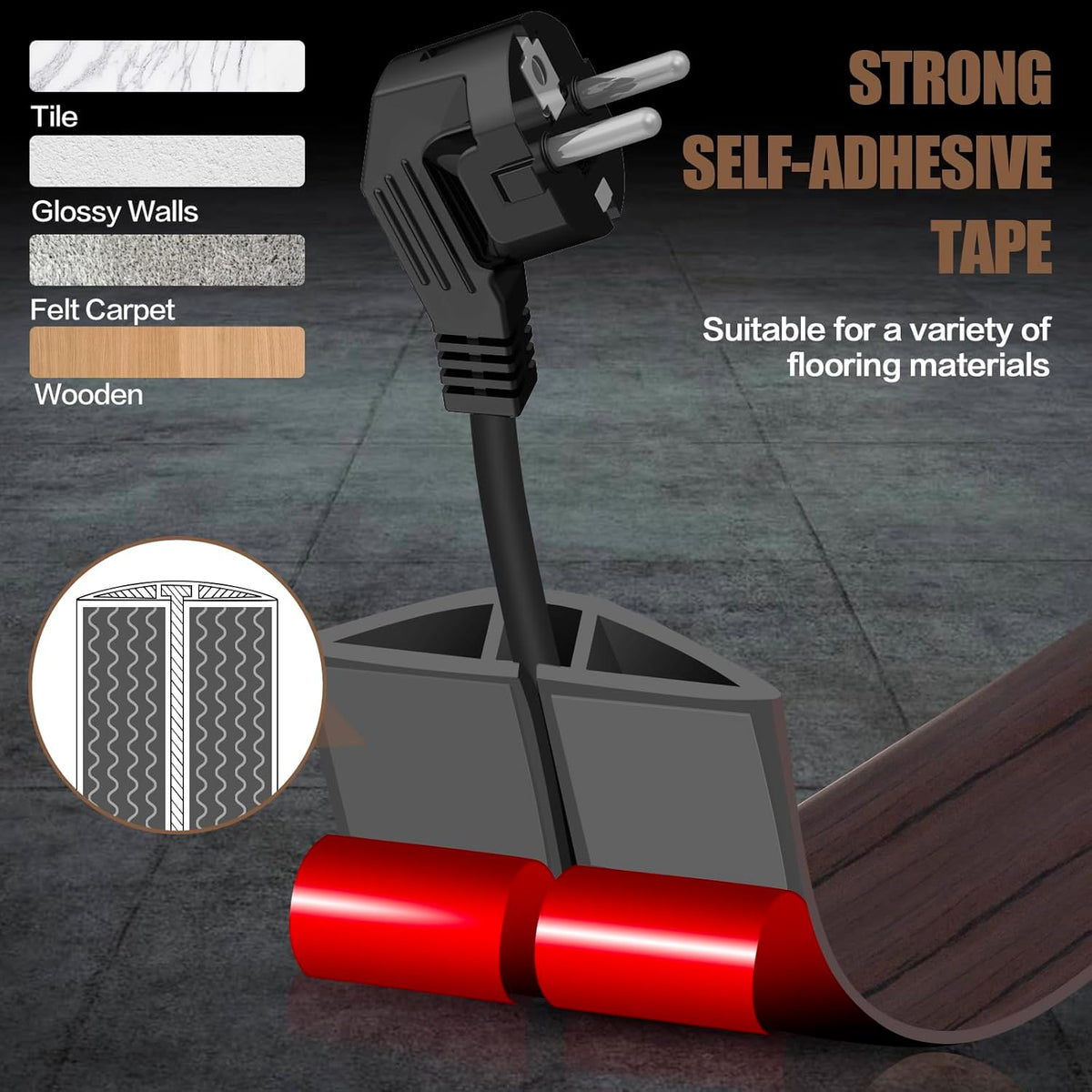 Floor Cord Cover Self Adhesive Cord Hider,10FT Cable Management, Extension Strip Protector for Wires, Prevent Cable Trips for Offices, Gyms, Exhibitions Cavity:0.39"(W) x 0.27"(H) Black Wood