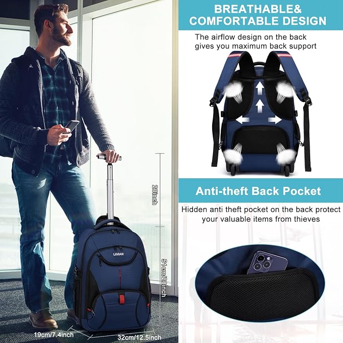 Rolling Backpack for Adults, 17inch Laptop Travel Backpack
