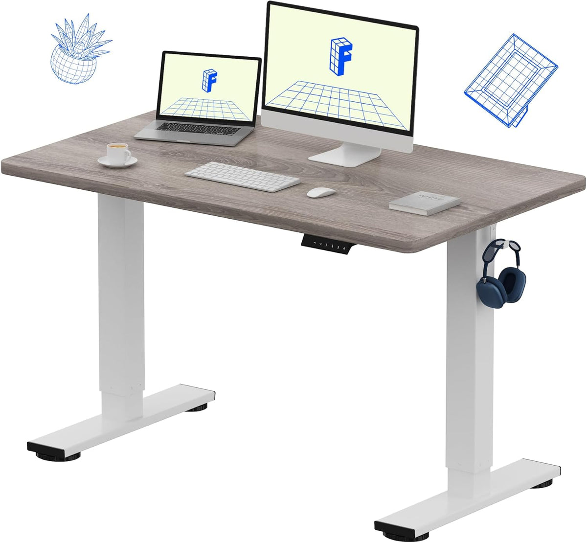 FLEXISPOT EN1 One-Piece Standing Desk, 48 x 30 Inches Electric Height Adjustable Desk for Home Office (White Frame + Gray Wood Desktop, 2 Packages)