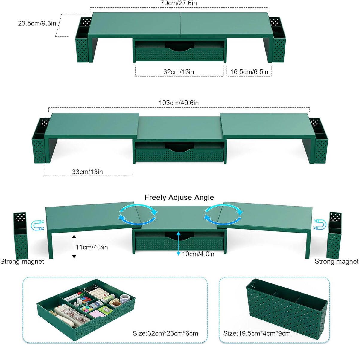 Spacrea Metal Desk Organizers and Accessories, Dual Monitor Stand Riser with Drawer and 2 Pen Holders, Desk Accessories & Workspace Desktop Organizers for Office Supplies (Dark Gree)