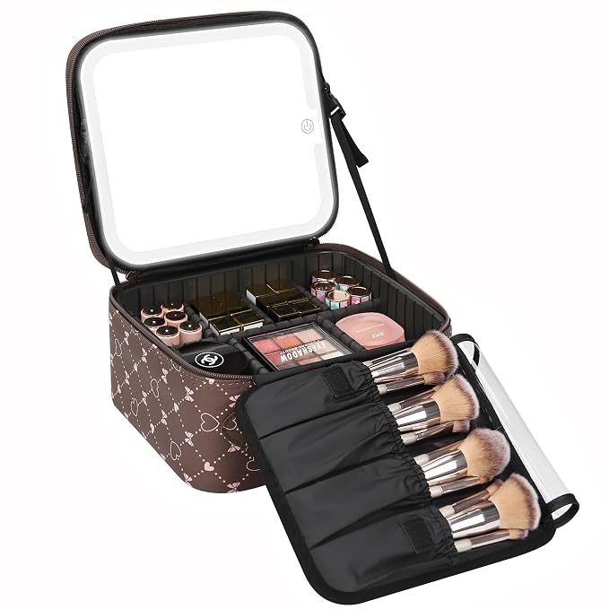 Relavel Travel Makeup Bag With LED Mirror, Portable Cosmetic Organizer Bag with
