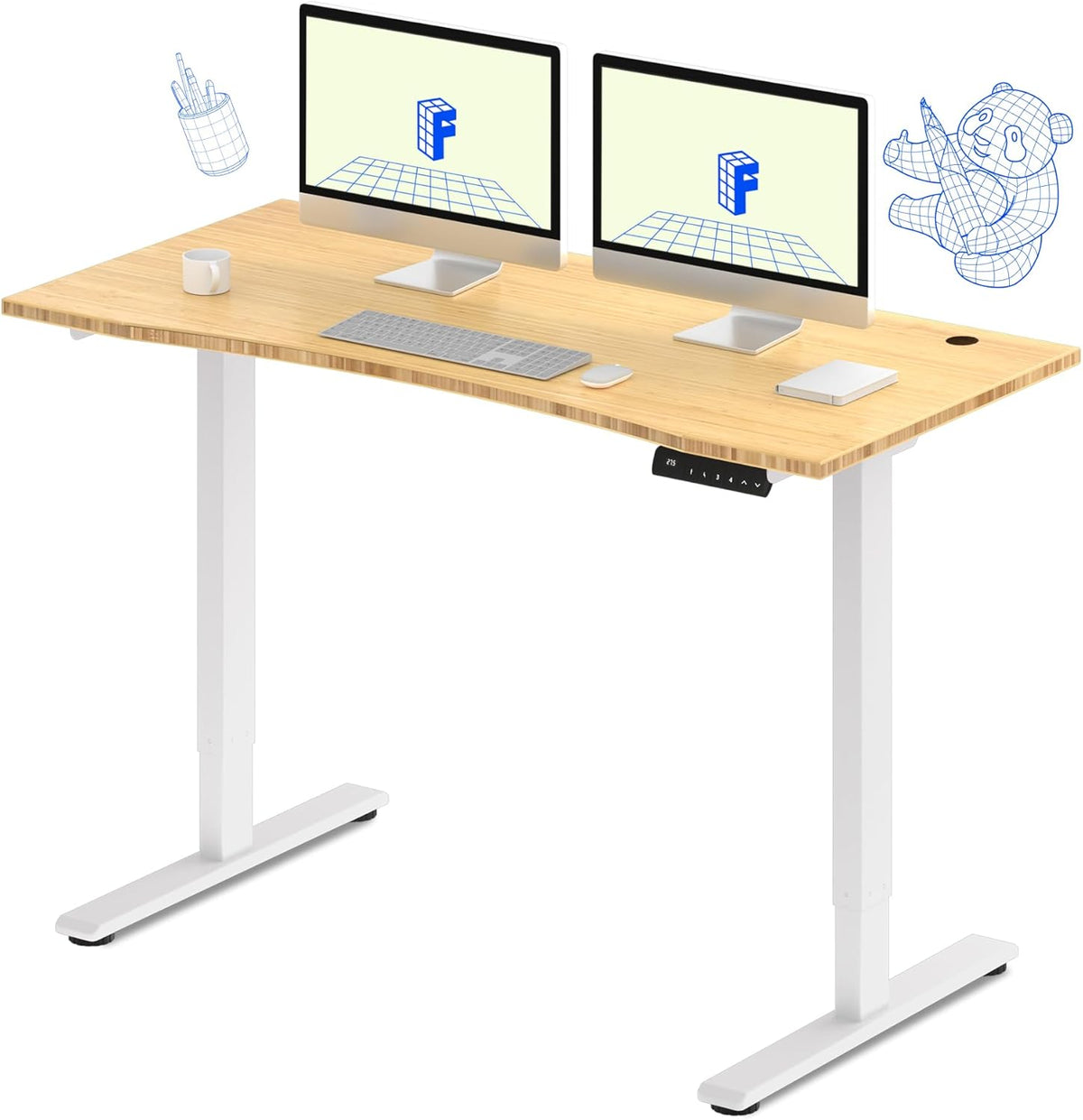 FLEXISPOT E3 Bamboo Dual Motor 55x28 Inch Electric Height Adjustable Standing Desk Whole-Piece Board Desk Sit Stand Up Desk (White Frame + Bamboo Curved Desktop)