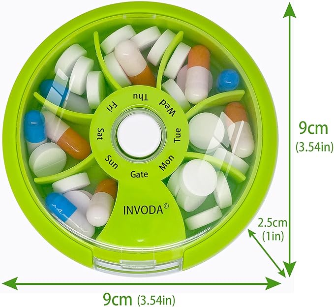 INVODA Weekly Pill Organizer 7 Compartment Rotating Pill Box