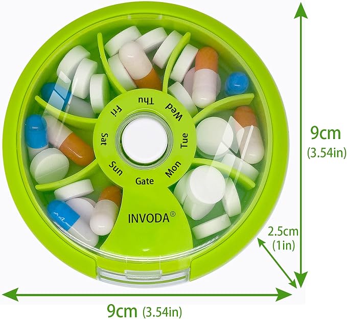 INVODA Weekly Pill Organizer 7 Compartment Rotating Pill Box