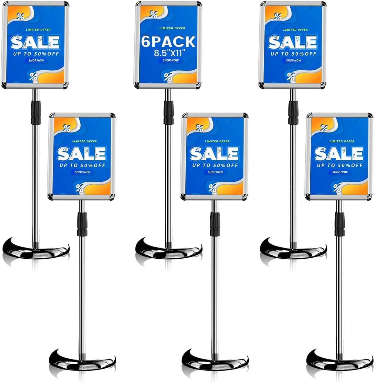Sign Holder - 8.5 x 11 Inch Standing Floor Sign Stand for Vertical & Horizontal Sign Stand Displayed Pedestal Poster Holder, Snap Frame for School Church Business Show – Silver (6 Pack)