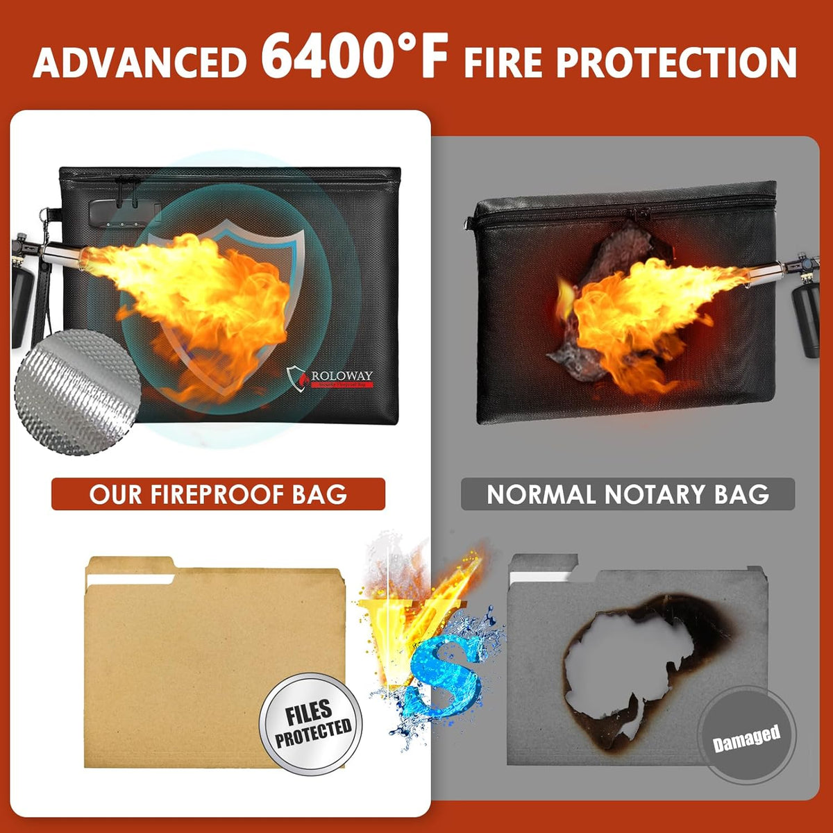 ROLOWAY Fireproof Document Bag (14.5 x 11.5 inch), 6400℉ Fireproof Money Bag with Zipper for Cash, Fire Safe Money Pouch with Lock (Black)