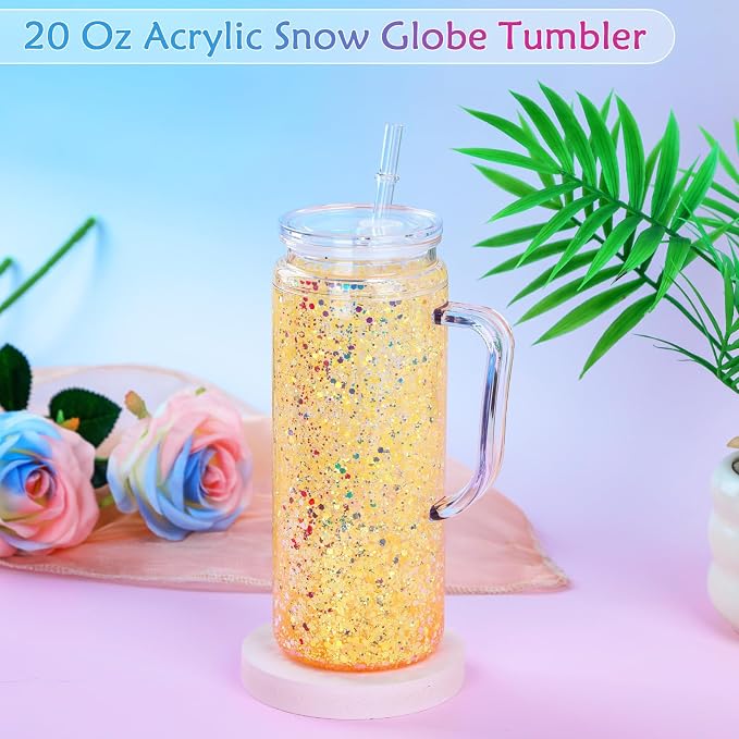 20 Oz Acrylic Snow Globe Tumbler Cup with Handle, Double Wall Plastic Snowglobe Tumbler with Pre-Drilled Hole and Plug for Glitter DIY, 8 Pack